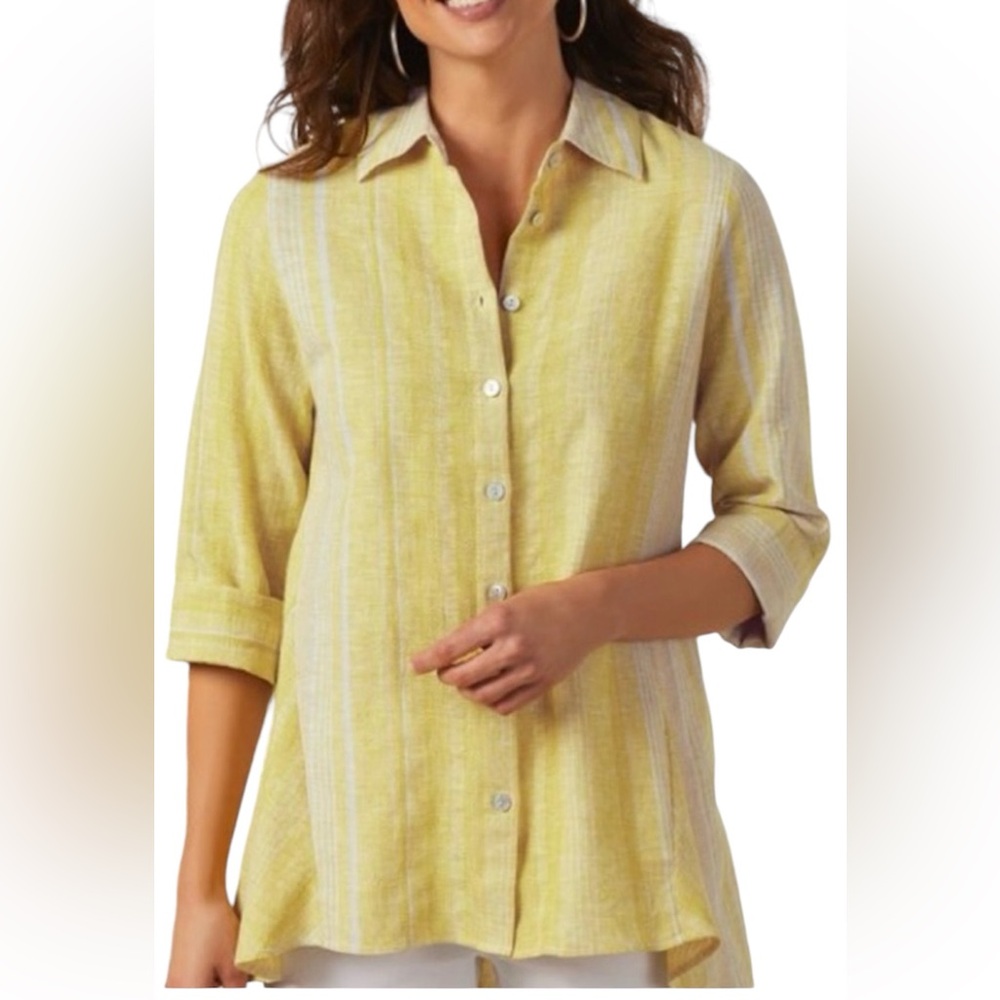 Soft Surroundings Livienne Yellow
Striped Linen Button Down Collared
Blouse 1X